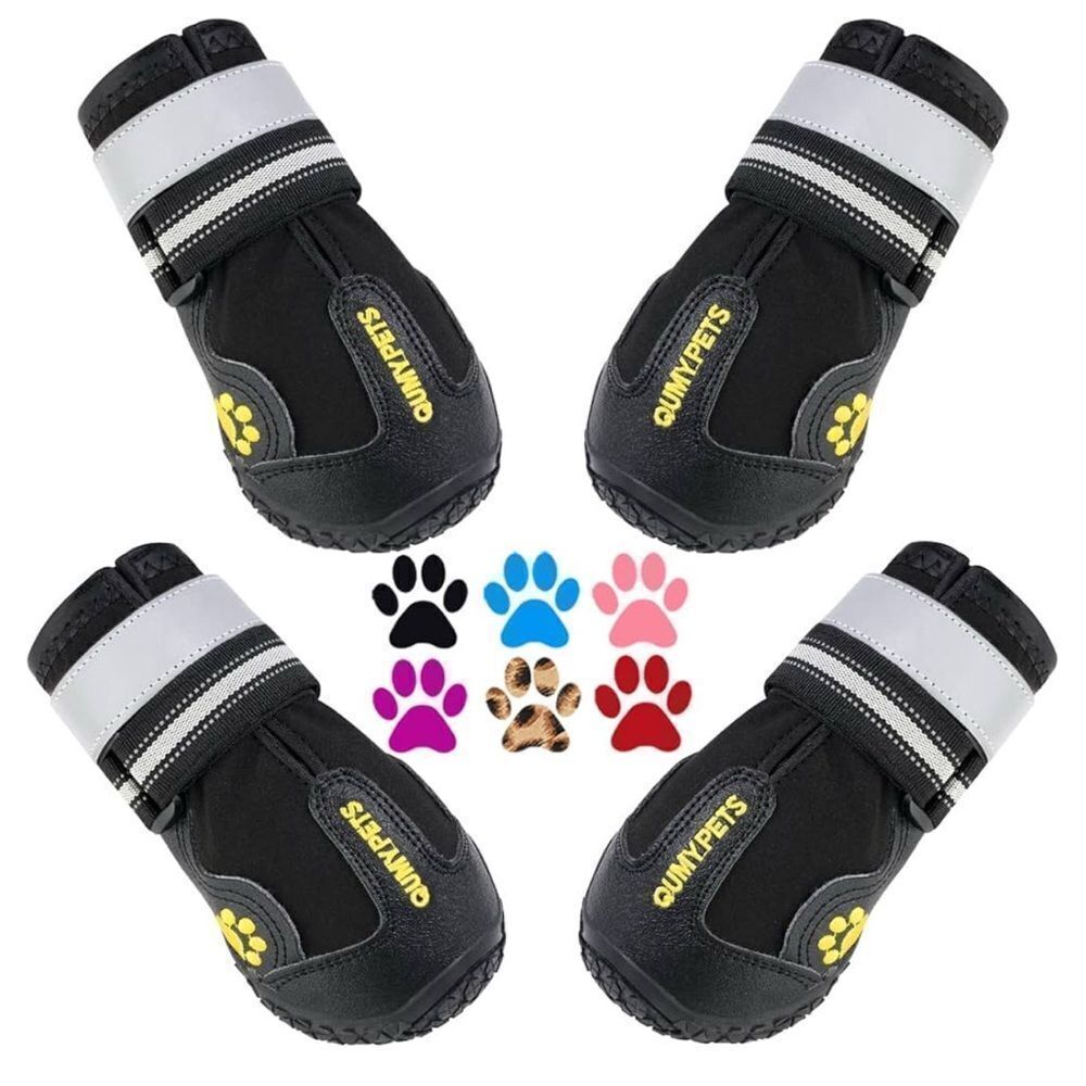 QUMY Dog Boots & Paw Protectors for Snow, Hot Pavement, Rain, Anti Slip, Black